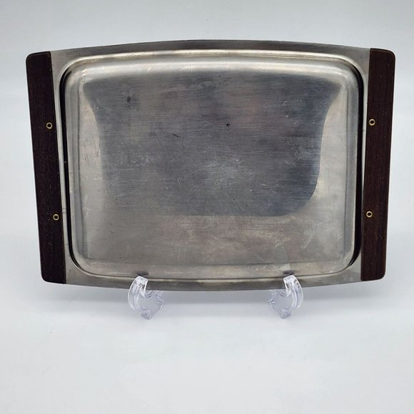 Vintage Teak and Chrome Cheese Tray w/ stylized Fruit Tile Magnetic Knife - Picture 2 of 7